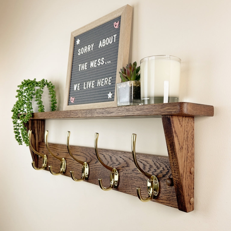 Walnut Finish Oak Rack Shelf, Brass Hooks. Farmhouse style.