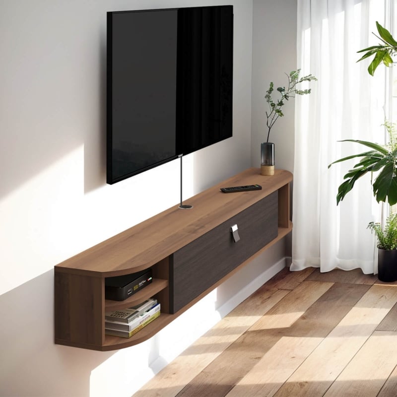 Walnut Floating TV Stand, Sliding Door, Curved Edges, Minimalist.