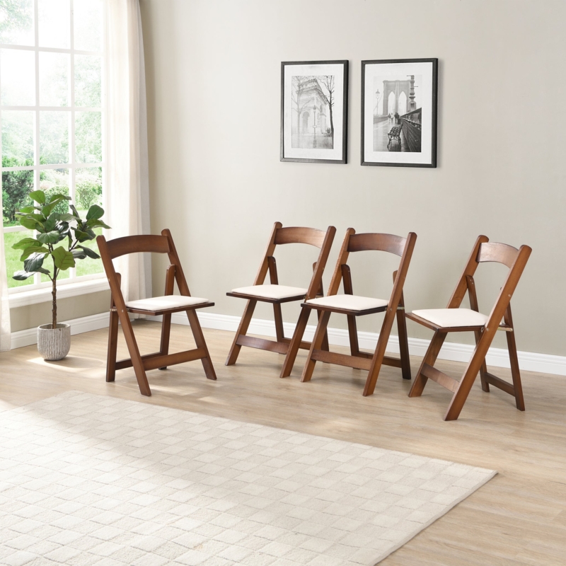 Walnut Folding Chairs Set Cream Upholstery X-Frame Design Transitional