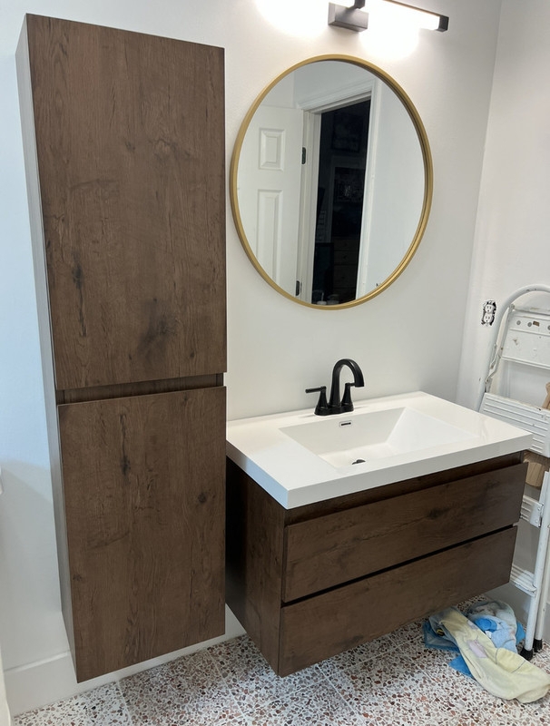 Walnut Linen Cabinet, Handleless Floating Design, Organic Modern Style.