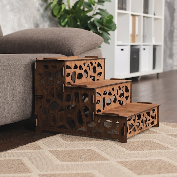 Walnut Pet Stairs with Organic Laser-Cut Pattern & Low Profile