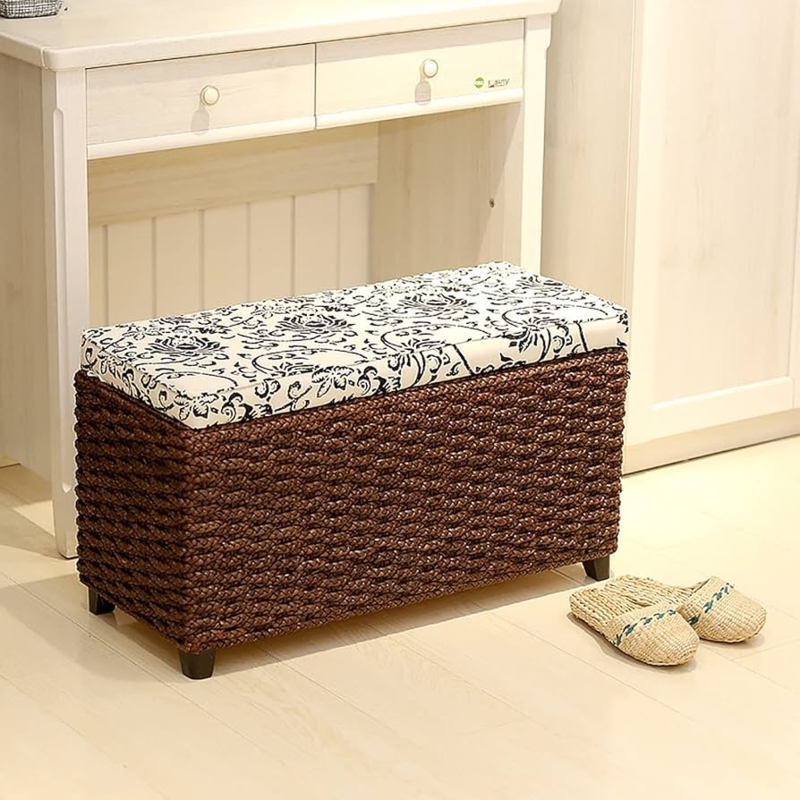 Walnut Rattan Storage Bench with Floral Pattern Lid
