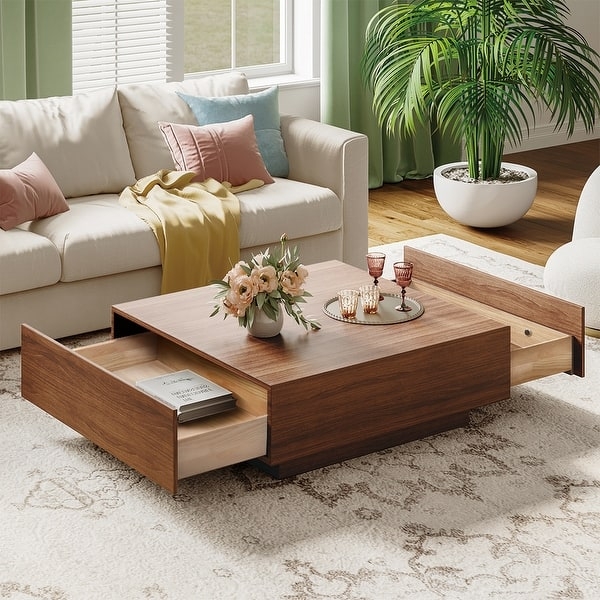 Walnut Square Coffee Table on Low Profile Plinth: Mid Century
