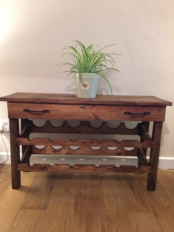Walnut Wine Rack Console featuring Scalloped Racks and Two Drawers