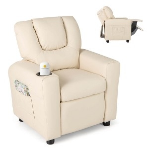 Warm Beige Kids Recliner: Leather-like with Block Arms