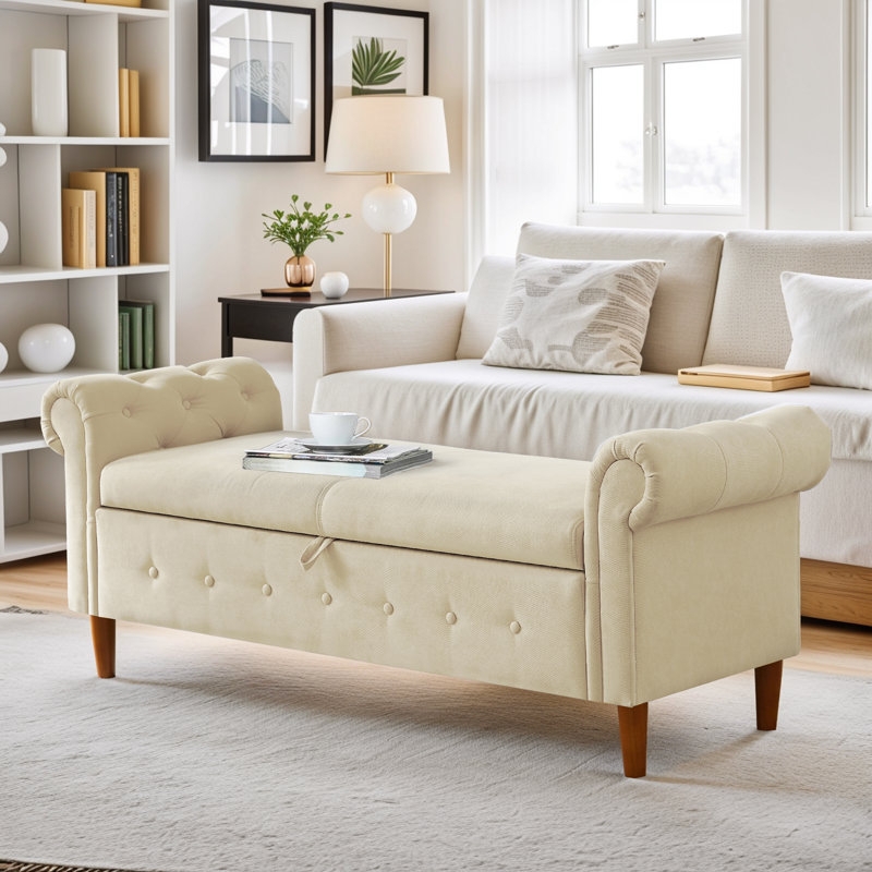 Warm Beige Linen-Look Storage Bench with Rolled Arms and Walnut Legs