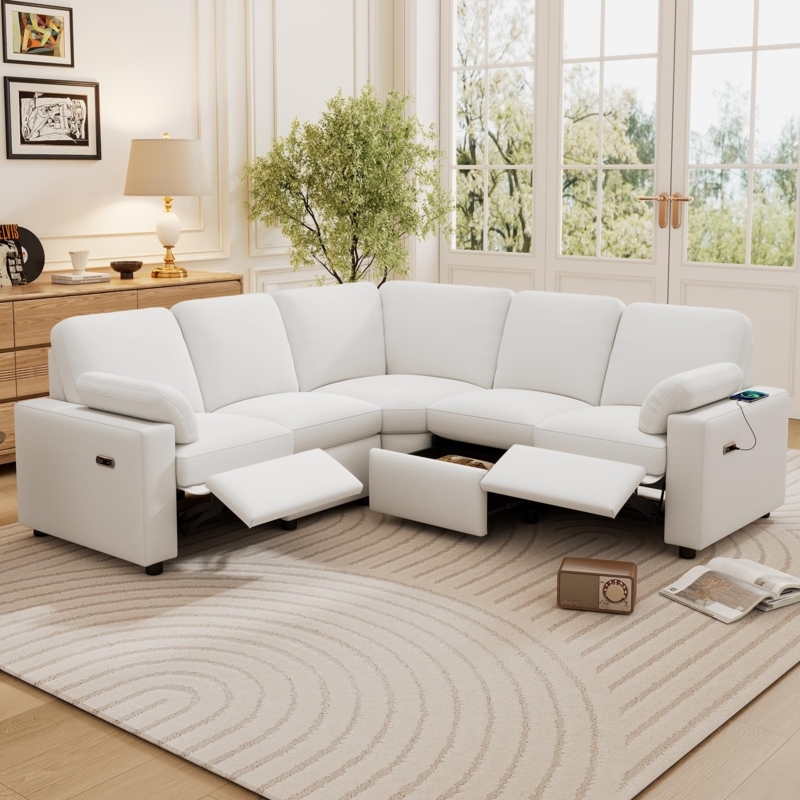 Warm Beige Power Reclining Sectional Integrated Storage Drawers