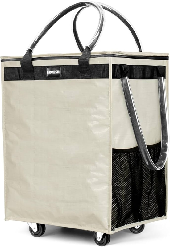 Warm Beige Rolling Laundry Trolley with Mesh Side Pocket