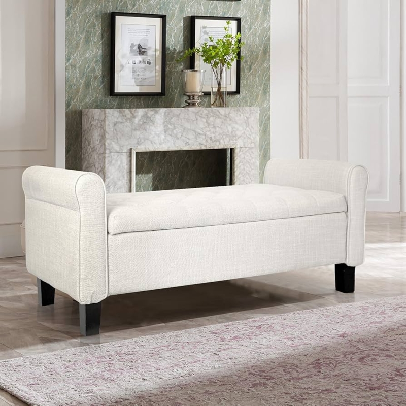Warm Beige Storage Bench with Rolled Arms and Matte Black Block Legs