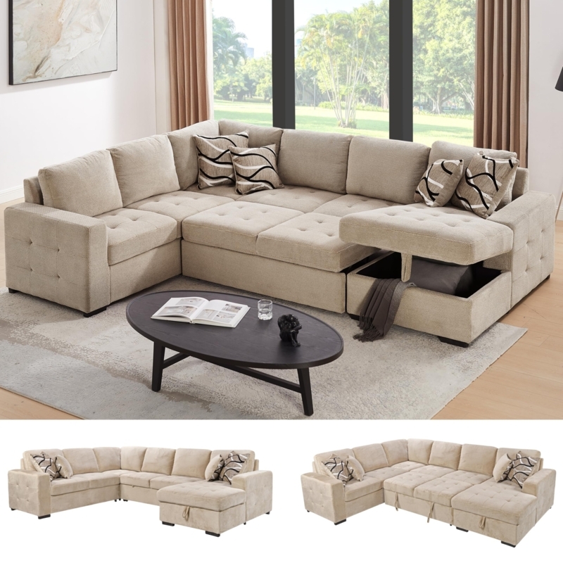 Warm Beige U-Shaped Sectional Sleeper Sofa with Storage Chaise