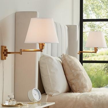 Warm Gold Wall Lamp with Swing Arm and White Tapered Shade