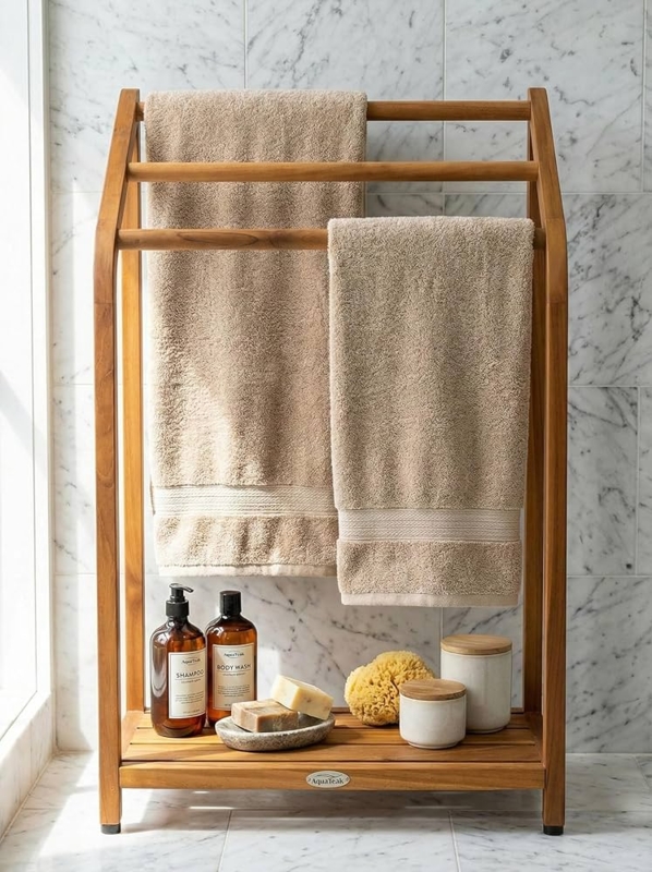 Warm Honey Wood Towel Ladder Rack with Slatted Base Shelf