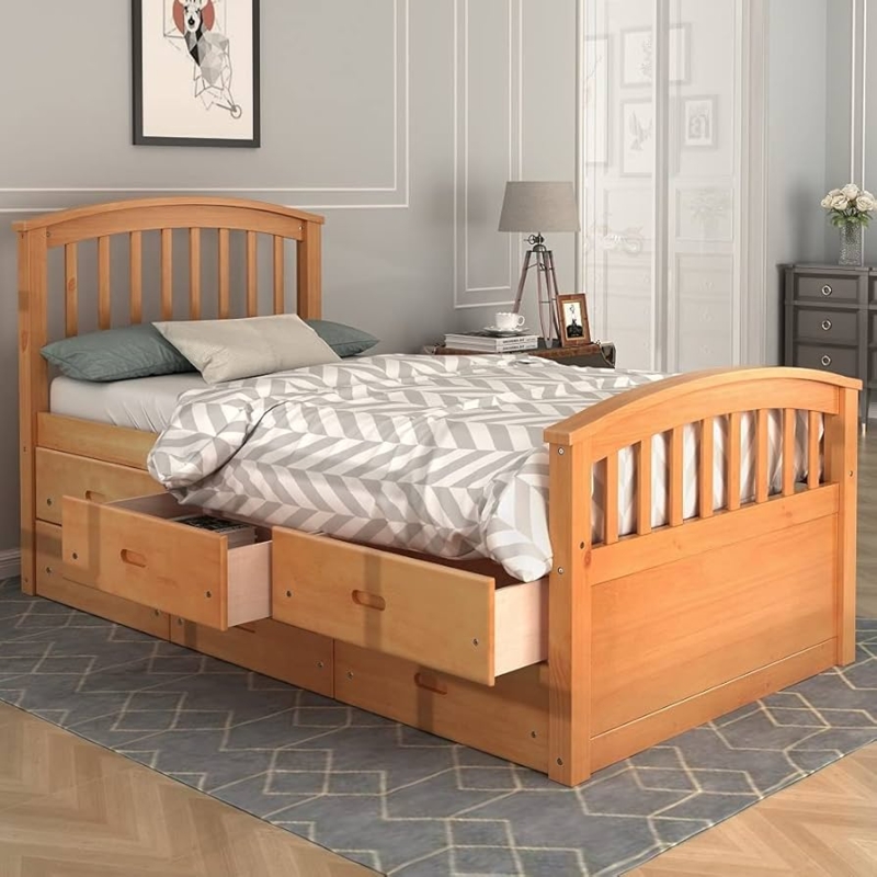Warm Oak Twin Captains Bed Arched Slat Headboard