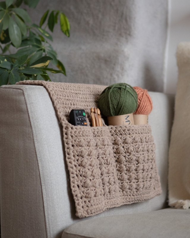 Warm Taupe Armrest Organizer Crochet Bobble Stitch Dual Pockets