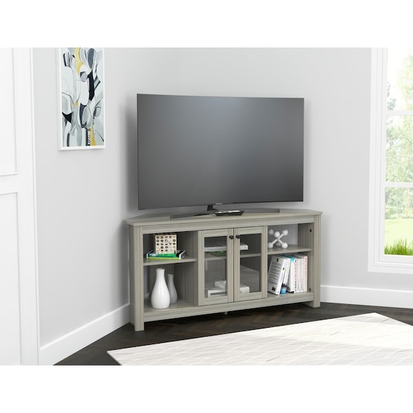 Washed Oak TV Console with Tempered Glass Doors and Open Shelving