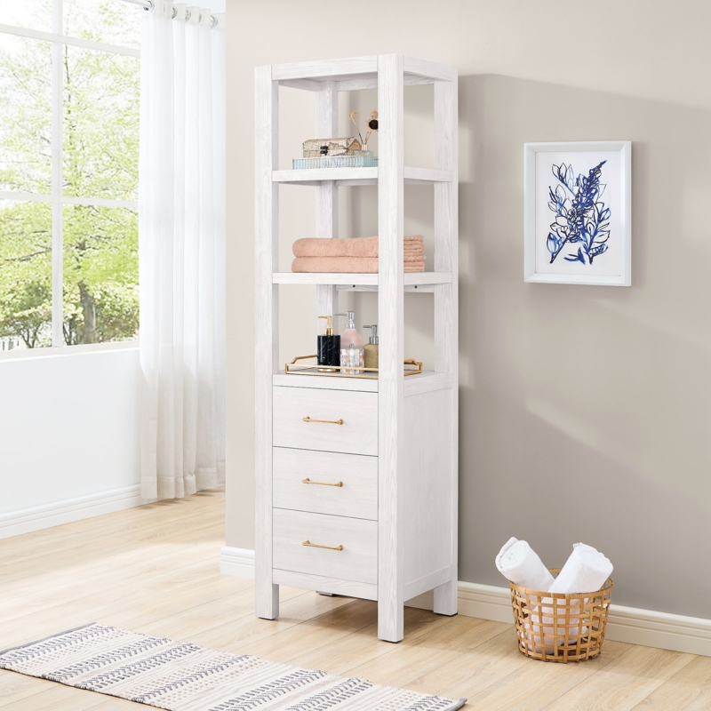 Washed White Storage Cabinet with Open Shelves and Gold Pulls