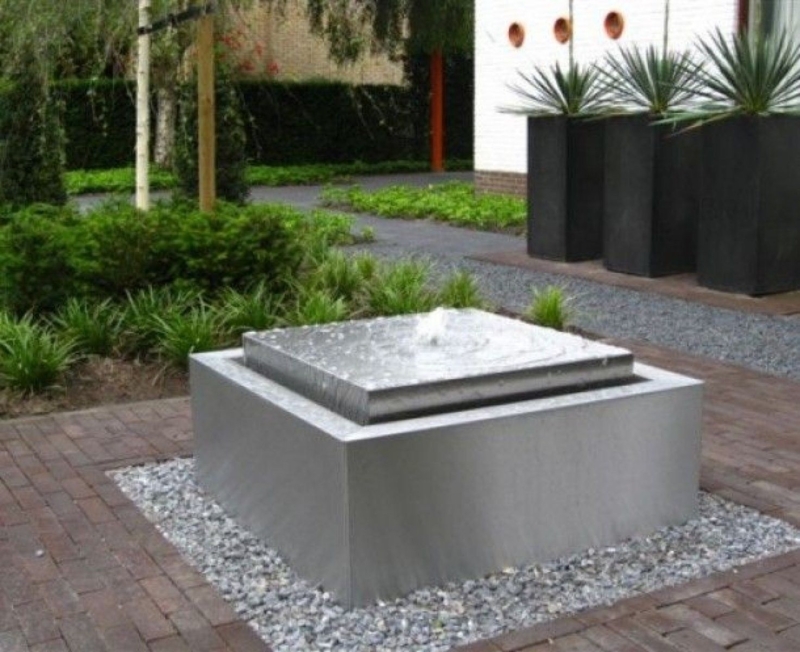 Water Fountain: Square Tiered Design with Brushed Metal Finish