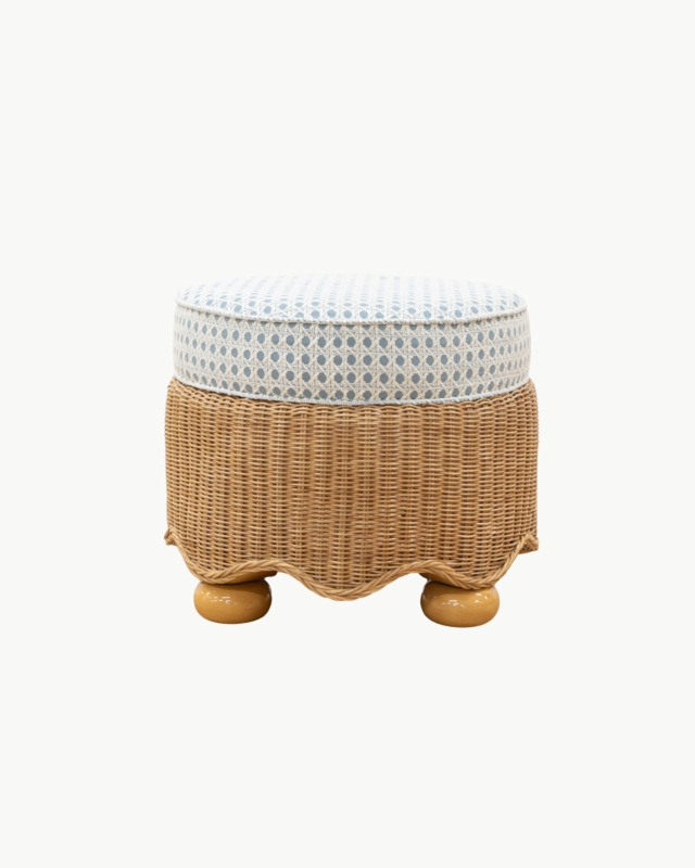 Wavy Wicker Ottoman, Cane Print Fabric and Ball Feet