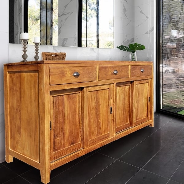 Waxed Teak Linen Cabinet with Three Drawers and Sliding Cupboard Doors