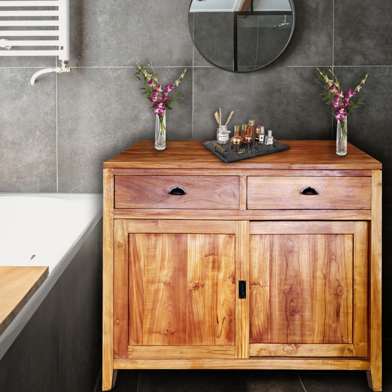 Waxed Teak Linen Cabinet with Two Drawers and Sliding Doors