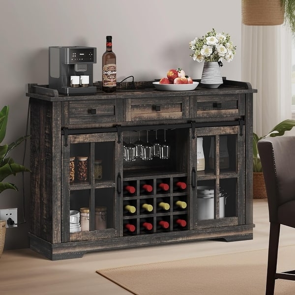 Weathered Charcoal Sideboard Buffet with Rustic Barn Doors