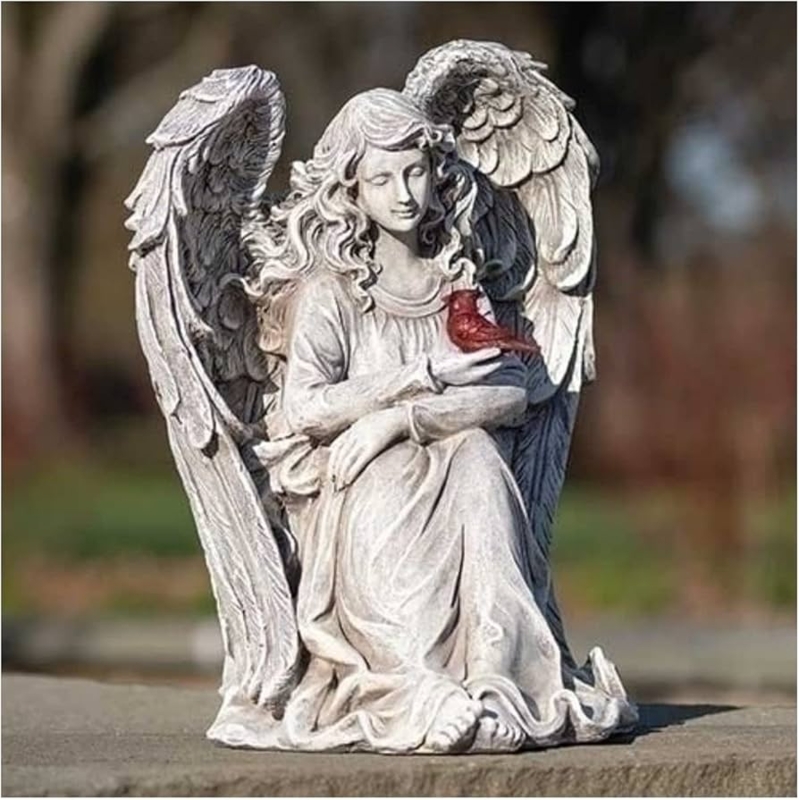 Weathered Garden Statue with Red Cardinal Accent, Memorial Angel