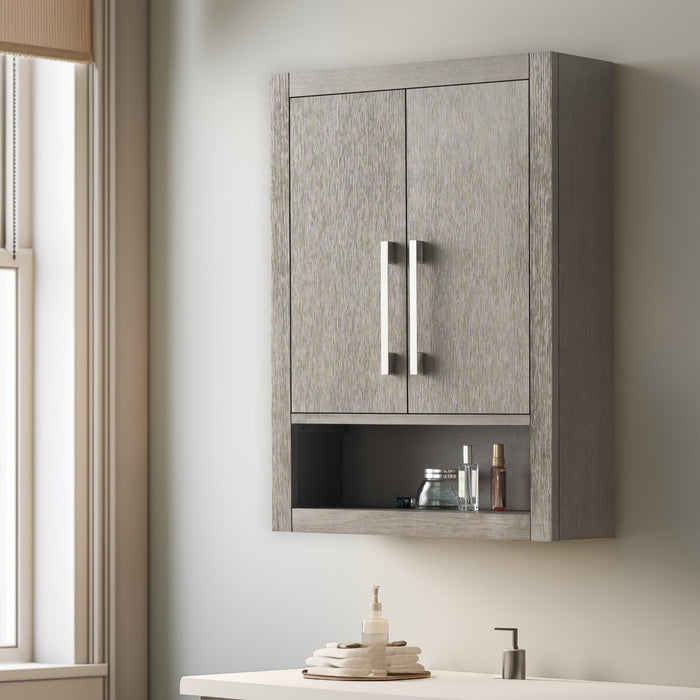 Weathered Gray Bathroom Wall Cabinet with Vertical Textured Grain