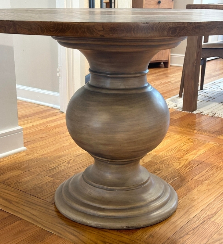 Weathered Gray-Brown Wood Round Dining Table with Baluster Pedestal Base