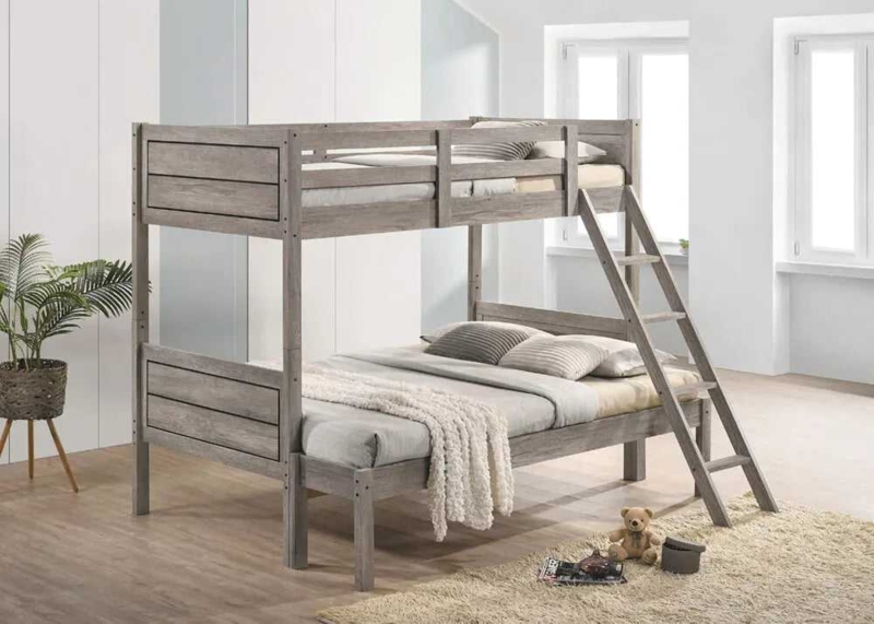 Weathered Gray Coastal Farmhouse Bunk Bed with Plank Panels