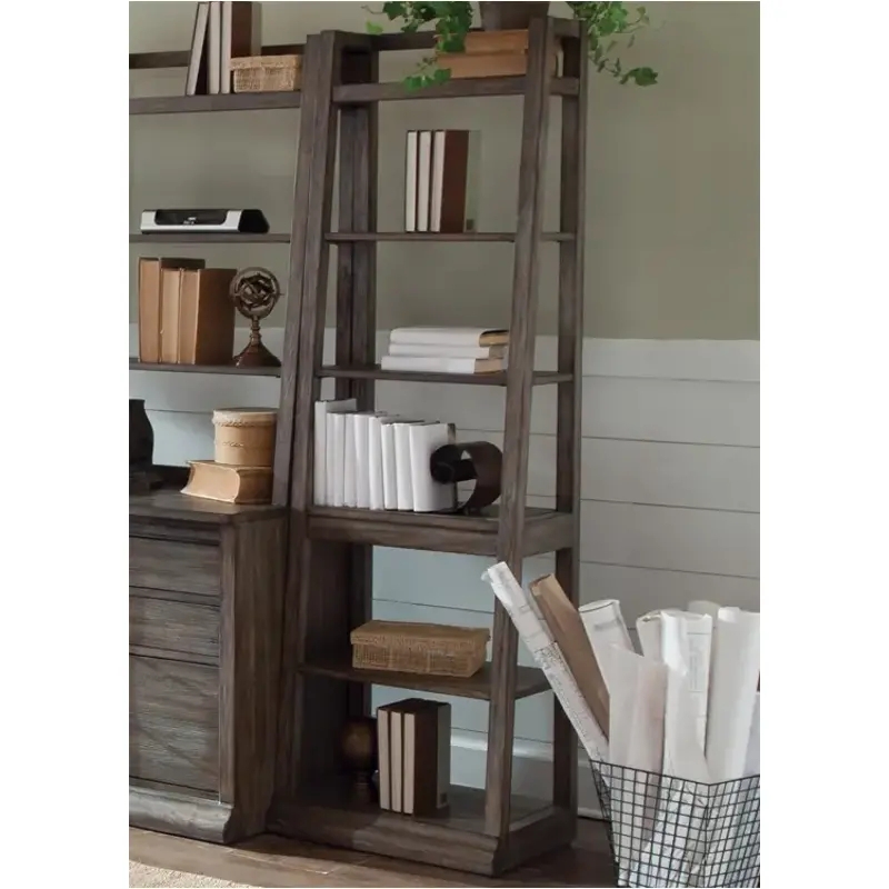 Weathered Gray Leaning Ladder Bookcase with Tapered Open Shelves