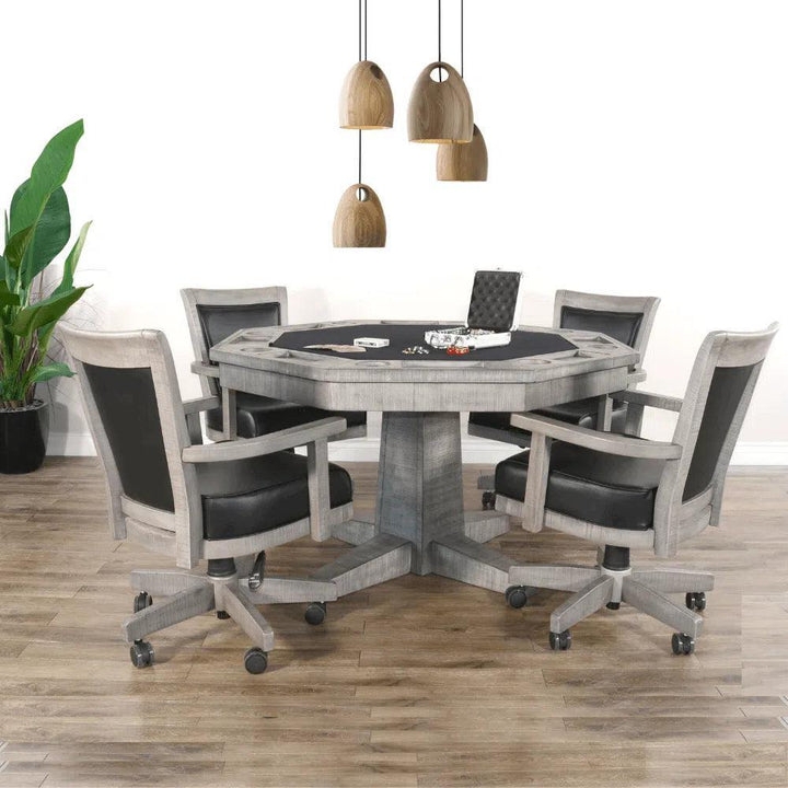 Weathered Gray Poker Table Set with Rolling Game Chairs