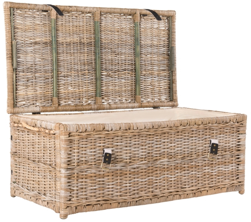 Weathered Gray Rattan Storage Trunk with Fabric Lining