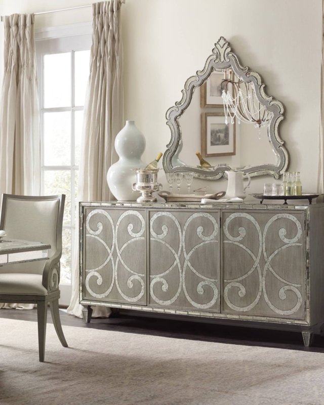 Weathered Grey Buffet Sideboard with Mirrored Scrollwork Inlays