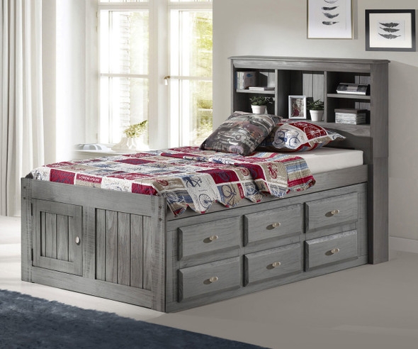 Weathered Grey Captains Bed with Integrated Bookcase