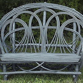 Weathered Grey Garden Bench with Fan-Like Looped Backrest