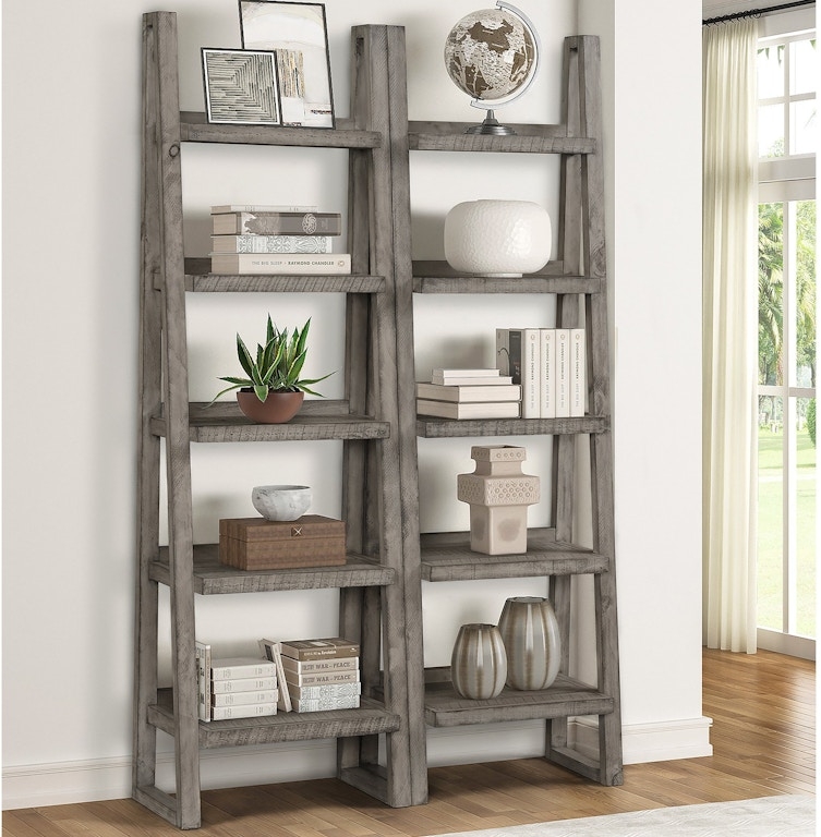 Weathered Grey Ladder Bookcase Pair with Thick Frame Design
