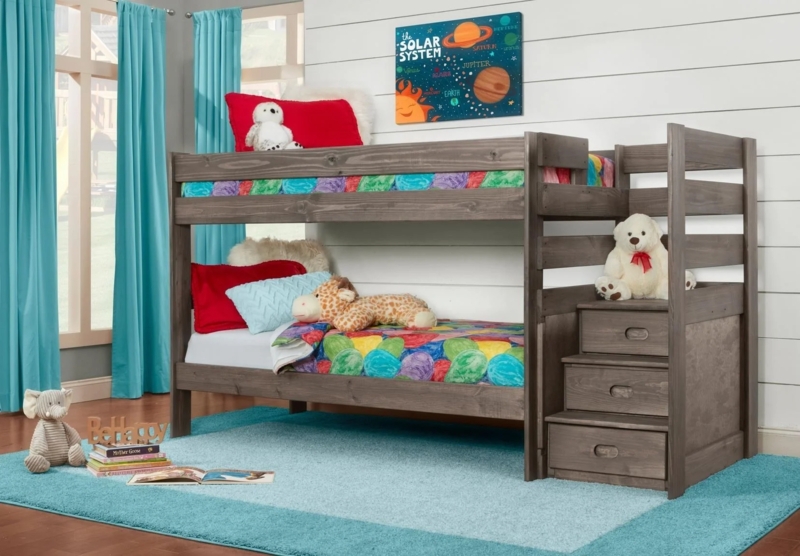 Weathered Grey Rustic Modern Bunk Bed with Integrated Staircase