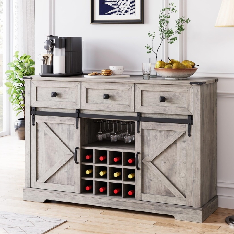 Weathered Grey Wine Storage Console with Sliding Barn Doors