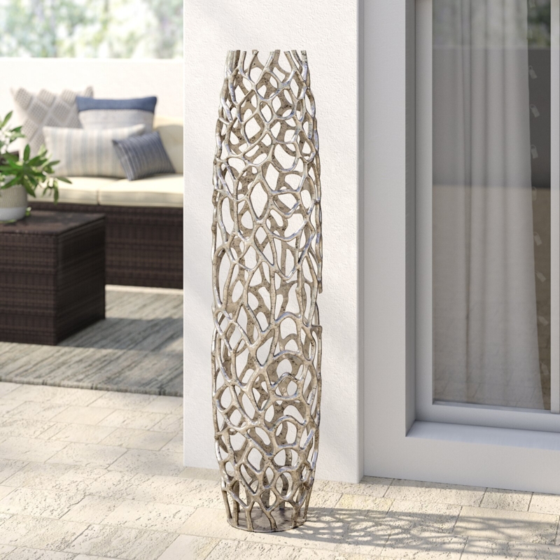 Weathered Metal Decorative Vase: Open Lattice Organic Cutouts