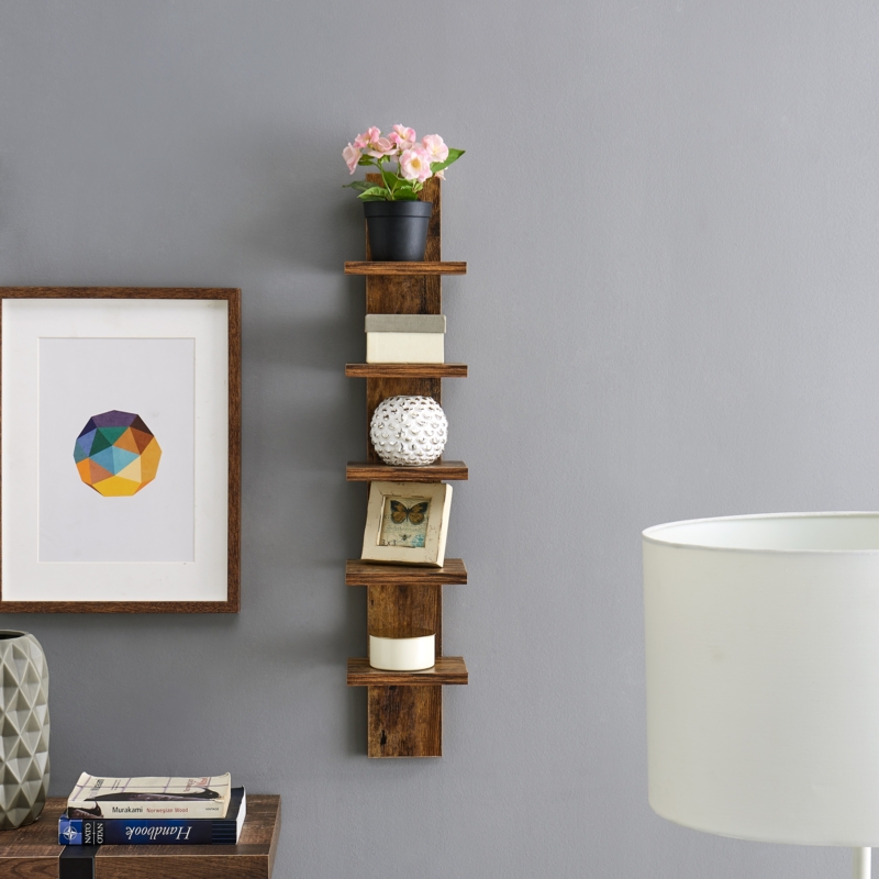 Weathered Pine Spine Wall Shelf with Staggered Tiers for Rustic Look