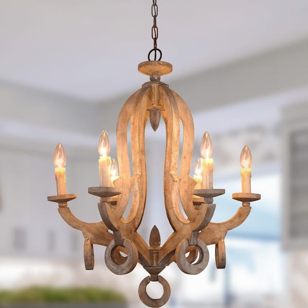 Weathered Wood Chandelier Carved Sweeping Arms Shabby Chic Light