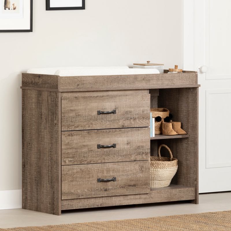 Weathered wood dresser storage with bin pulls and integrated shelving