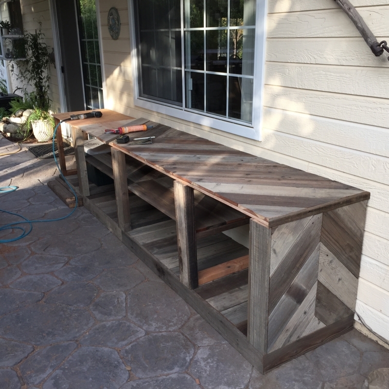 Weathered Wood Outdoor Serving Table with Chevron Pattern Top