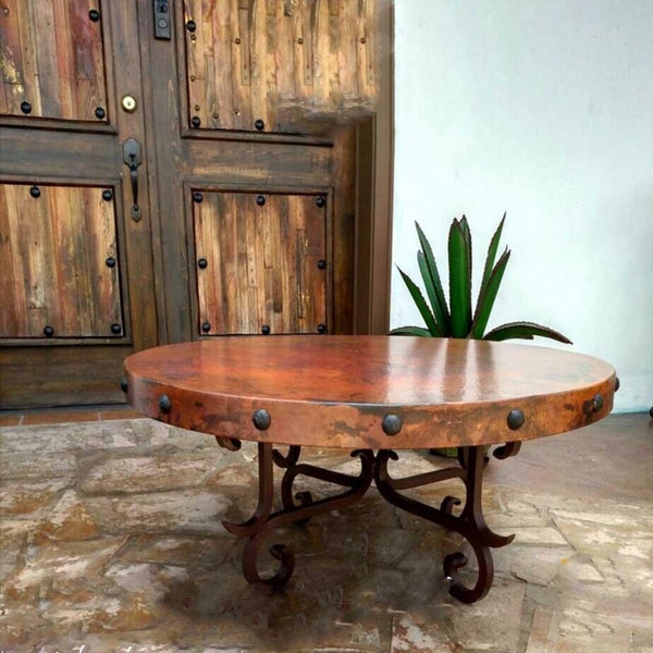Western Style Coffee Table, Hammered Copper with Perimeter Rivets