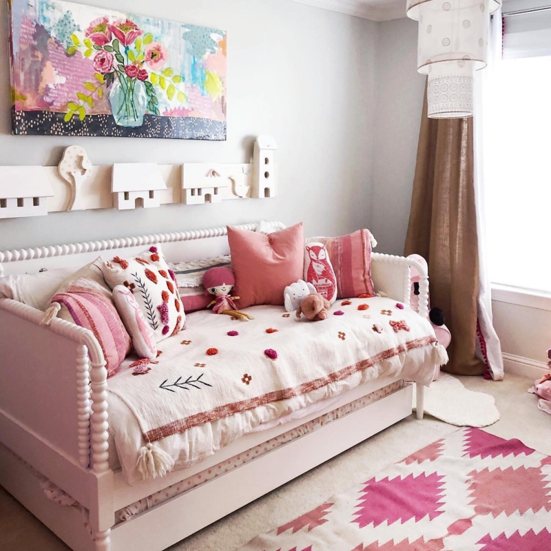 Whimsical Boho Kids Trundle Daybed with Beaded Spindles.