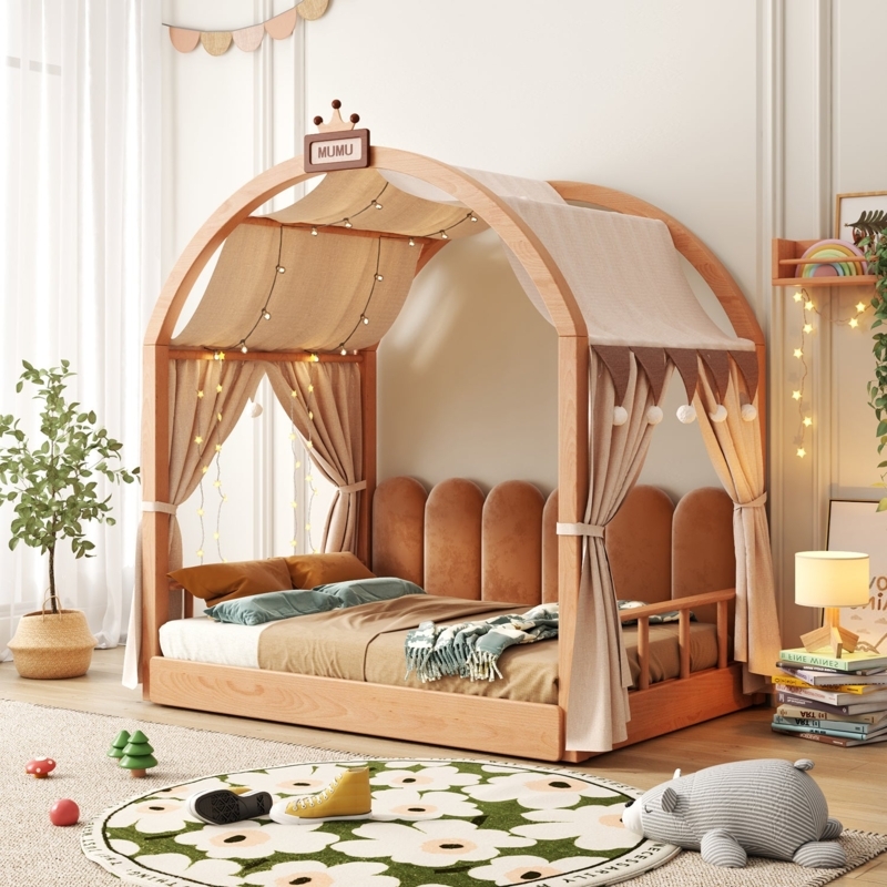 Whimsical Kids House Bed featuring Scalloped Upholstered Headboard