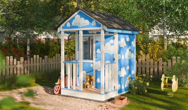 Whimsical Outdoor Playhouse with Hand-Painted Cloud Mural & Porch