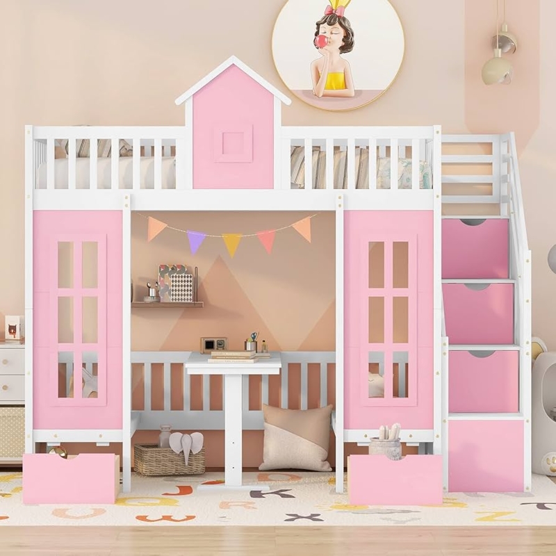 Whimsical Pink Castle Loft Bed with Integrated Stairs and Desk