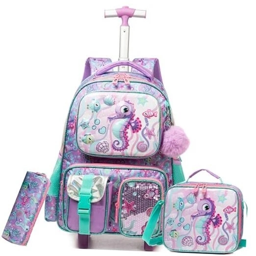 Whimsical Seahorse Rolling Backpack Set with Sequin Accents