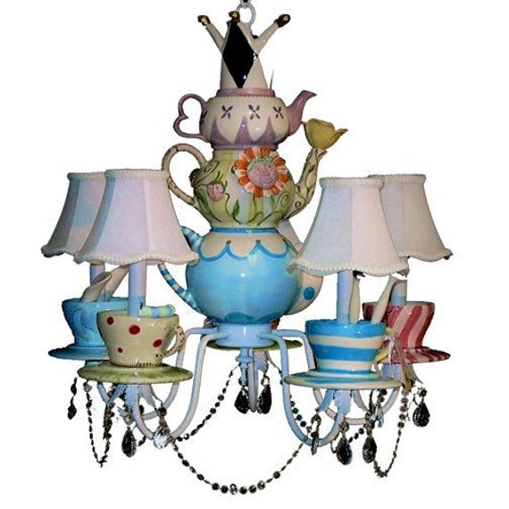 Whimsical Teapot Chandelier: Stacked Cups, Hand Painted Details.